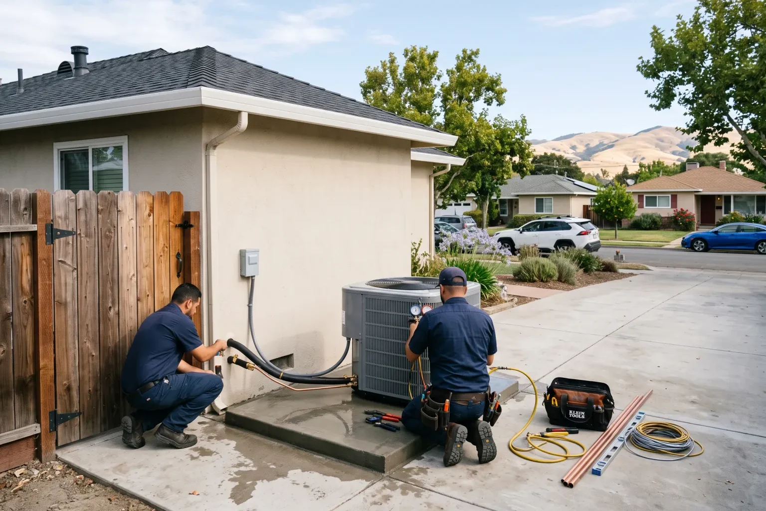 Technicians installing a new outdoor air conditioning unit beside a home